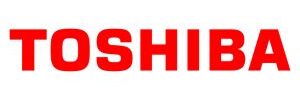 Toshiba logo displayed in bold red lettering, representing the globally recognized technology brand known for laptops, computing devices, electronics, and business technology solutions.